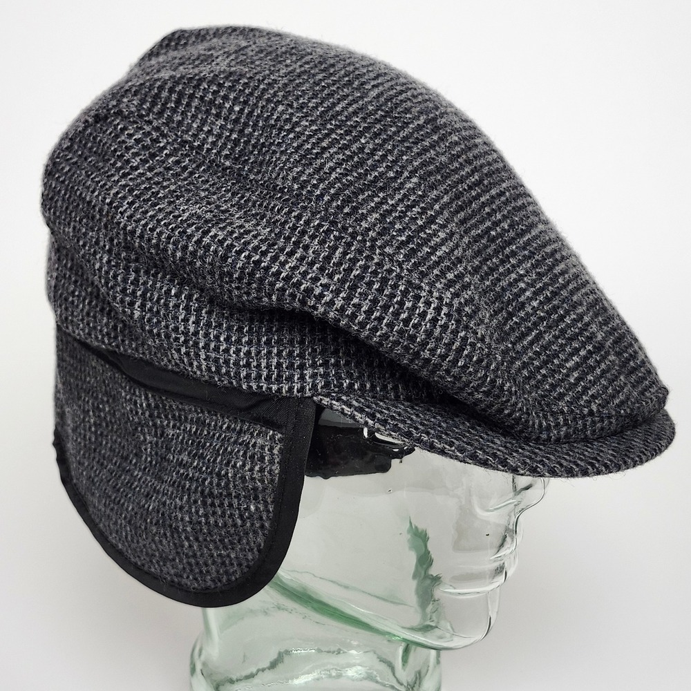 Vintage Pendleton Gray Check 100% Virgin Wool Flat Cap Earflap Tweed Ivy Large